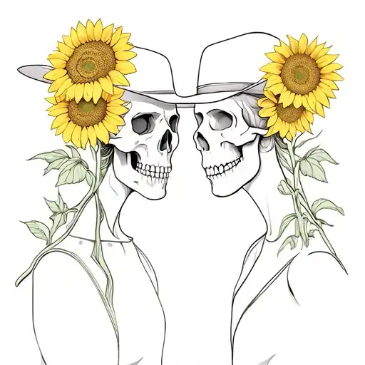 Cowboy Skull And Female Skull With Sunflowers Growing