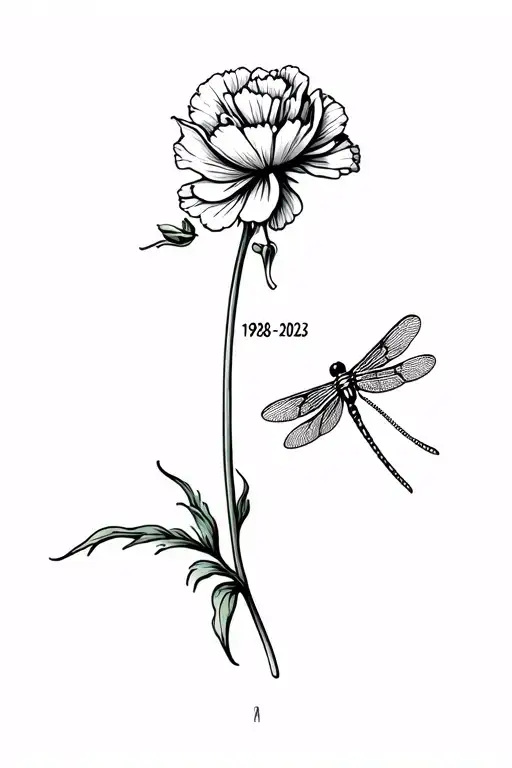A Carnation With A Small Dragonfly On The Stem And The Year 1928-2023 In The Stem