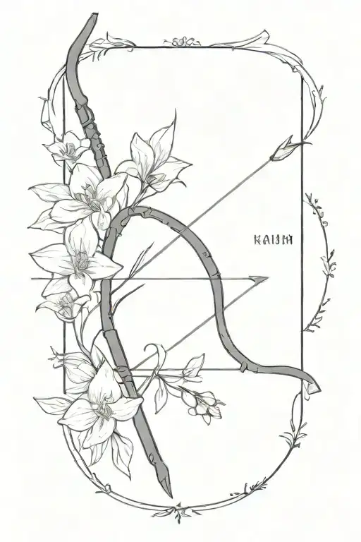 A Bow And Arrow Design With Kaiden's Name In The Middle Surrounded By Violets And Daffodils
