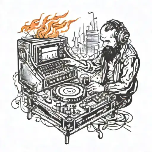 Cossack Plays The Dj Console Surrounded By Fire And Notes