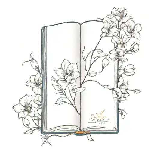 A Minimalist Tattoo Design Of A Book With Blooming Flowers As Bookmarks