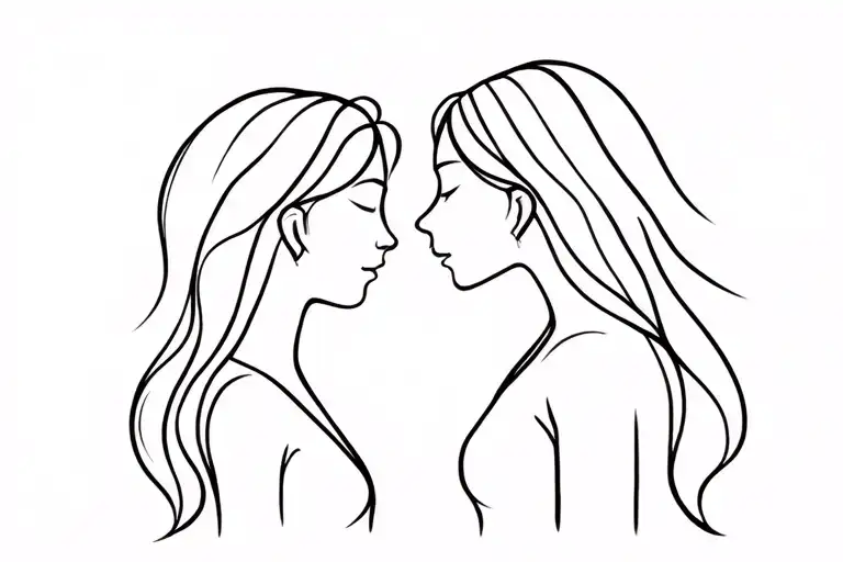 Mother And Daughter Line Art Minimalist Tattoo Design Featuring