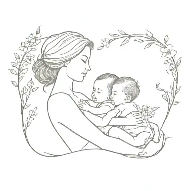 Mother Holding Baby Girl With Larkspur Flowers Growing