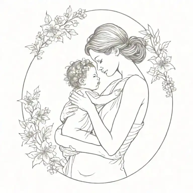 Mother Holding Baby Girl With Larkspur Flowers