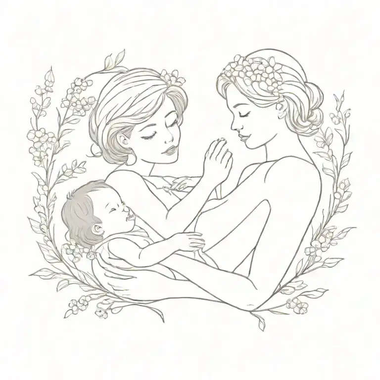 Mother Holding Baby Girl With Larkspur Flowers