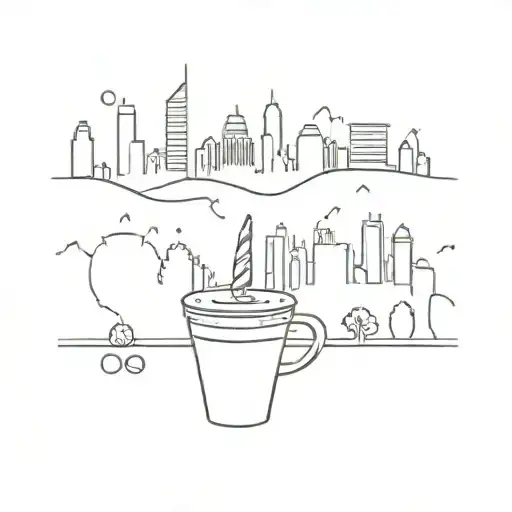 A City Skyline With A Coffee Cup And Party Hats Scattered Throughout