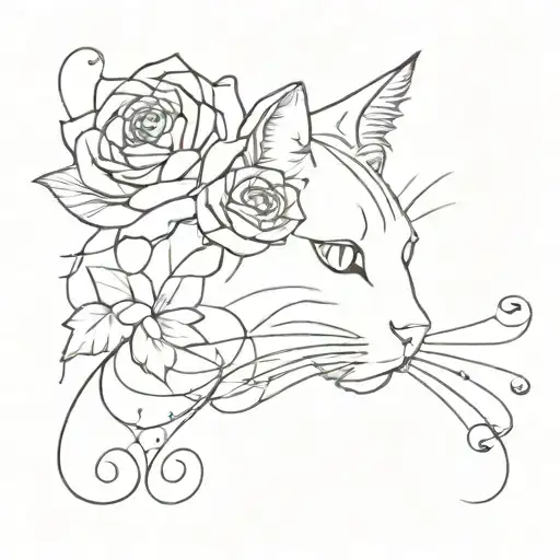 Cat Outline With A Rose And Musical Notation