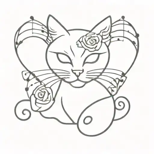 Musical Notation Cat Outline With A Rose