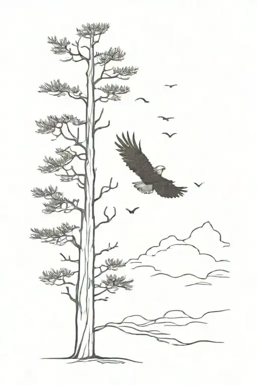 A Minimalist Sketch Of A Cedar Tree Silhouette With An Eagle Soaring Above It