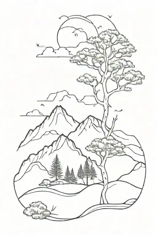 Fine Line Tattoo Of Ocean Tree And Mountains