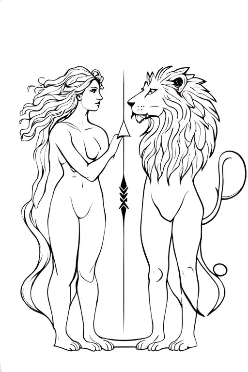 Right Arrow And Astrological Sign Woman Aquarius And Lion Man