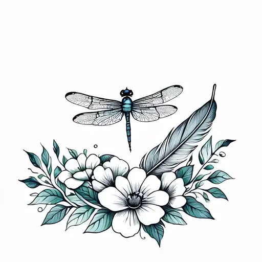 Dragonfly Resting On Flowers And Leaves With Feather
