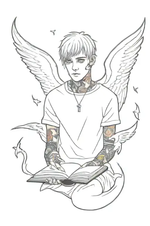 Lil Peep With Wings Holding Open Book Surrounded By Demons