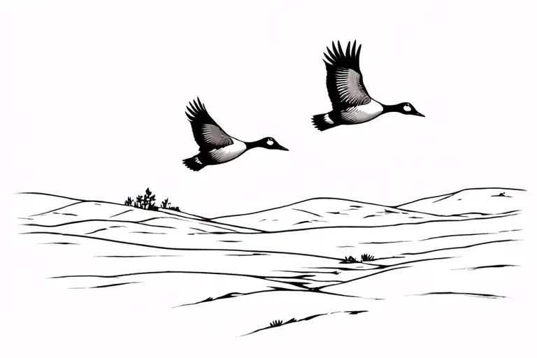 Wild Geese Flying Over Desert Landscape Black And White