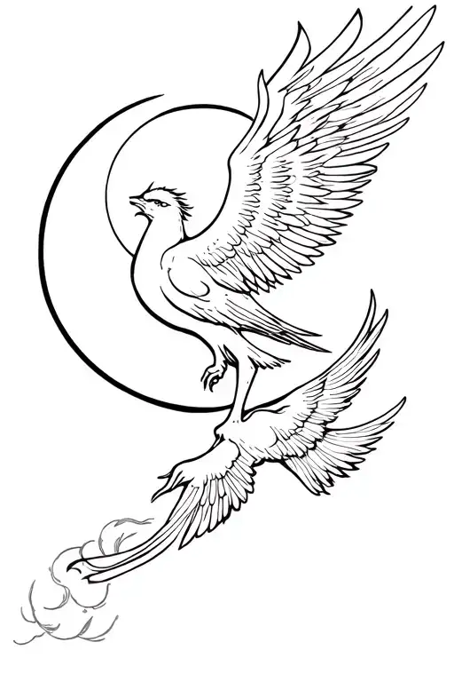 Moon And A Phoenix With Open Wings