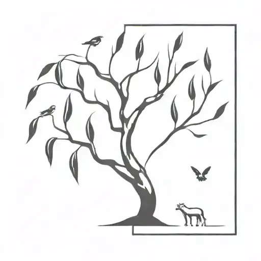 A Minimalist Tattoo Design Featuring A Willow Tree With Various Animals Hidden Within The Branches