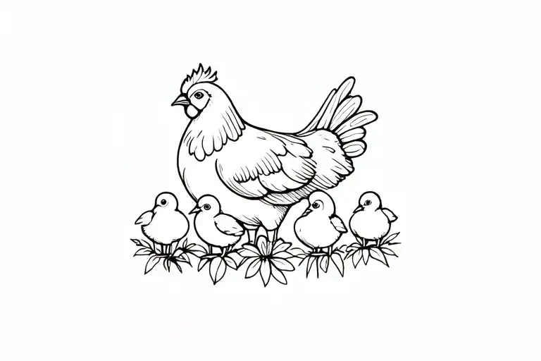 Mother Hen With 4 Chicks And Flowers