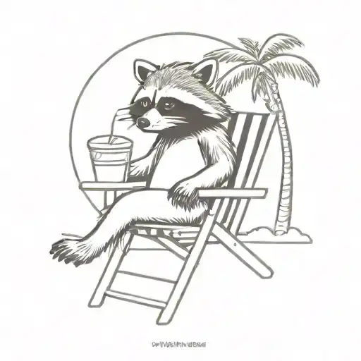 Raccoon Sitting In A Beach Chair Under A Palm Tree Drinking A Pina Coloda