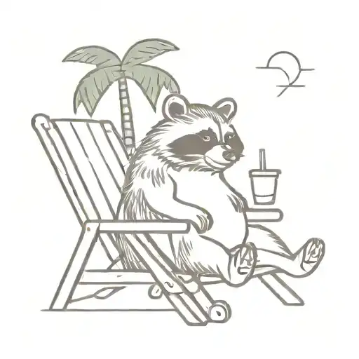 Fat Raccoon Sitting In A Beach Chair Under A Palm Tree Drinking A Pina Coloda