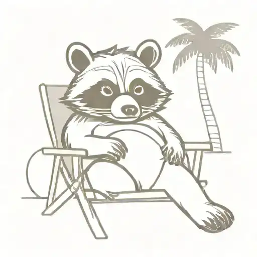 Fat Raccoon Sitting In A Beach Chair Under A Palm Tree Drinking A Pina Coloda Facing Forward
