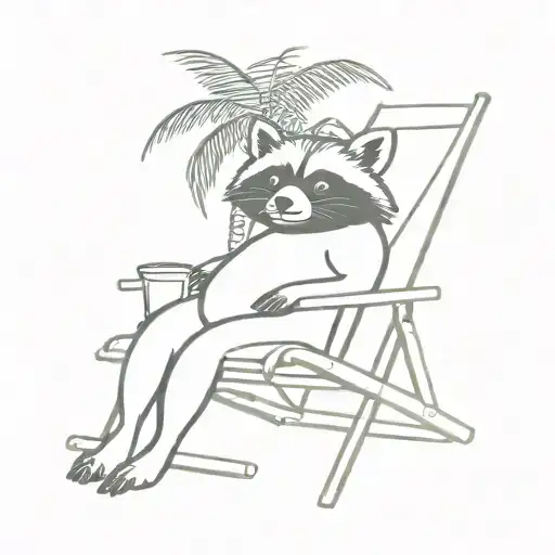 Simple Fat Raccoon Sitting In A Beach Chair Under A Palm Tree With A Drink