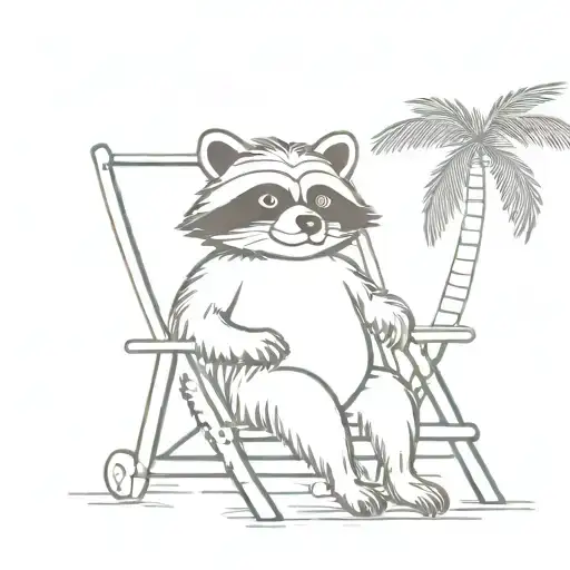 Simple Fat Raccoon Sitting In A Beach Chair Under A Palm Tree With A Drink