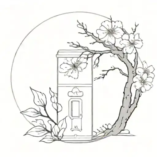 A Minimalist Tattoo Design Of A Horror Movie Poster With Sakura Blossoms In The Background