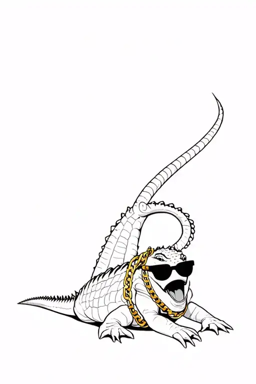 A Full-body Dangerous Crocodile Wearing A Gold Chain And Sunglasses Laying Down