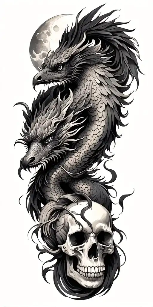 Chinese Dragon And Phoenix And Skull And Moon And Raven