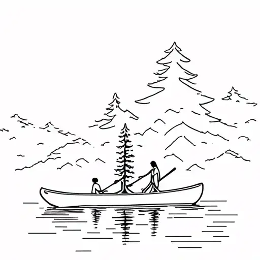 Canoe With Pine Trees And Father Mother Daughter Paddling