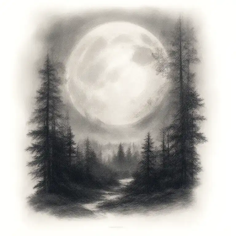 Massive Forest Landscape With Huge Moon In The Background