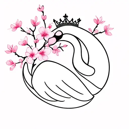 Black Swan With Crown And Cherry Blossom