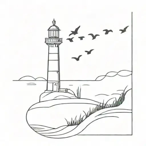 Minimalistic Lighthouse With Dunes And Birds Flying