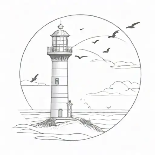 Minimalistic Lighthouse With Dunes And Birds Flying