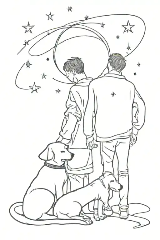 Boy And Dog Looking Up Into Galaxy Filled With Stars