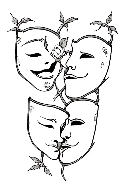 Multiple Comedy And Tragedy Masks With Small Rose Thorns Intertwining Them