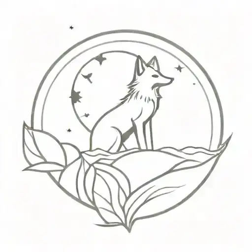 A Fox Howling At The Moon With A Lotus Flower In The Background