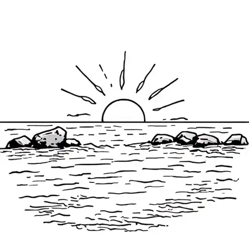 Sun Setting Over A Beach With Rocks Protruding From The Water