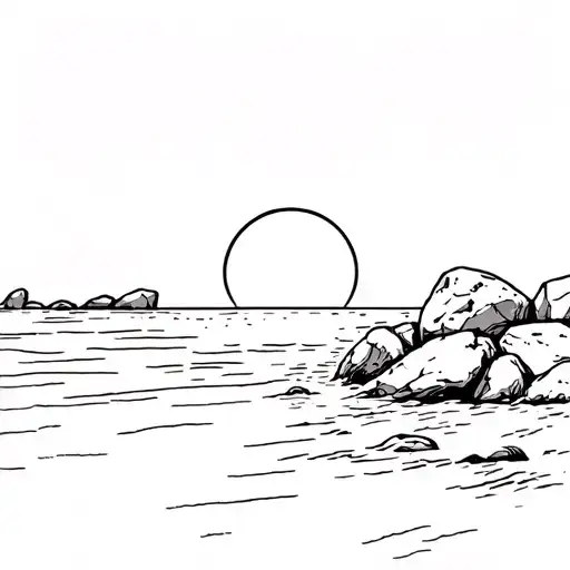 Beach Sunset With Boulders Protruding From The Water