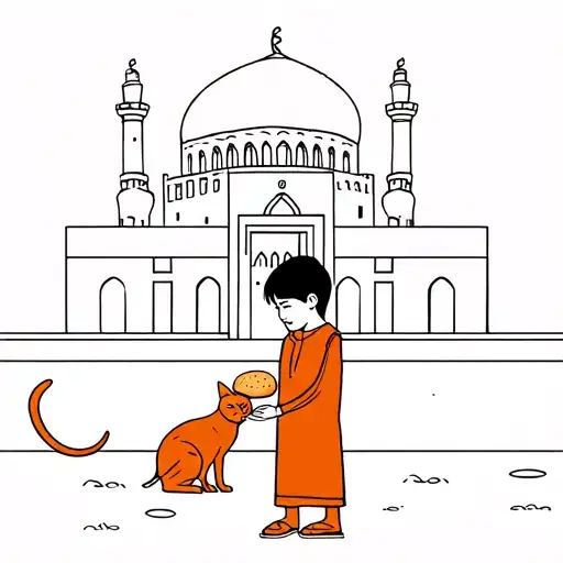 Palestinian Child Feeding A Cat Bread In Front Of Al Aksa Mosque