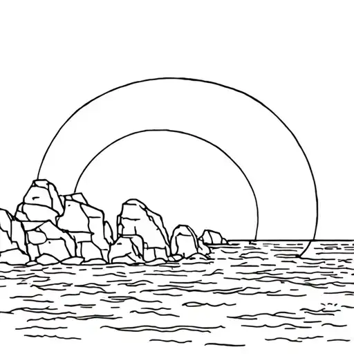 Sunset Over A Beach With Large Rocks Protruding Out Of The Water