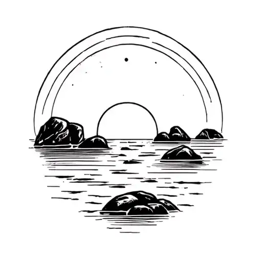 Rising Sun Over The Beach With Rocks Large Rocks Protruding From The Water