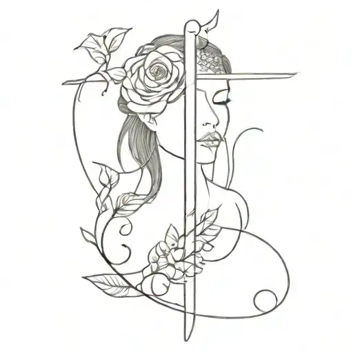 A Sword With A Woman's Face On One Side And Flowers On The Other Side Intertwined With Vines