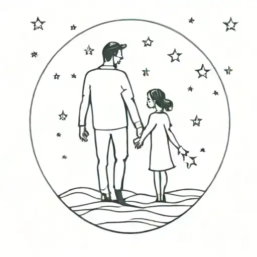 A Silhouette Of A Father Holding Hands With His Daughter Under A Starry Sky