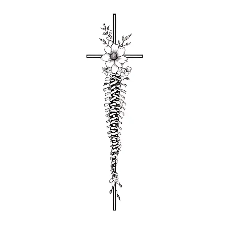 Vertical Fineline Western Christian Spine Tattoo With Flowers