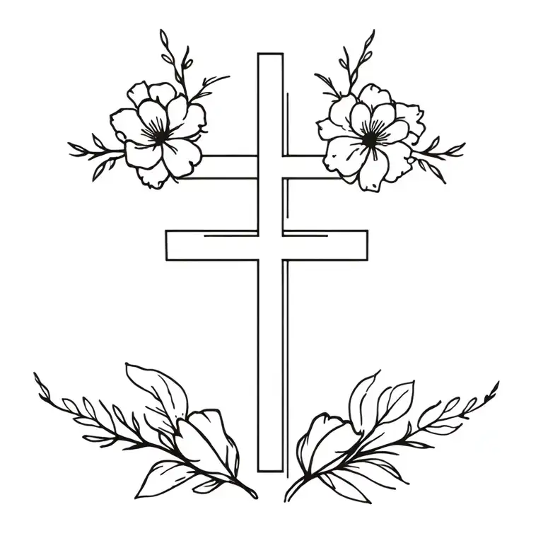 Vertical Fineline Western Christian Tattoo With Flowers