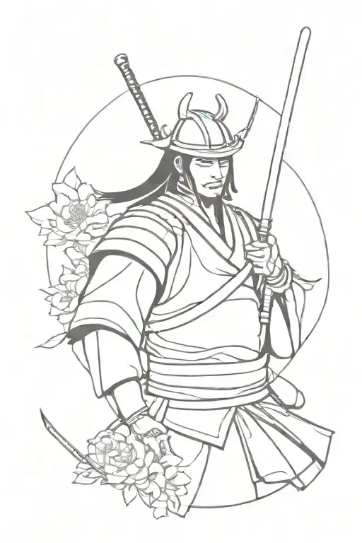 Samurai Warrior And Flowers Coming