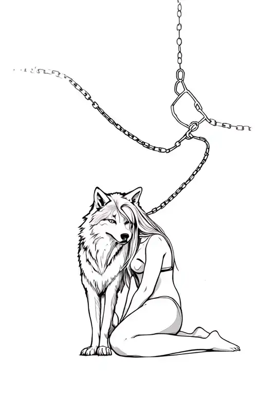 Tattoo Wolf On A Chain Girl Stands On Her Knees And Cries Near Him