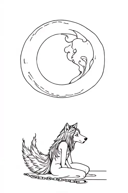 Tattoo Wolf On The Chain Girl Stands On Her Knees And The Moon