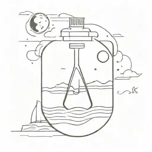 A Minimalist Tattoo Of A Moon Rising Over A Beach Scene With A Chemistry Flask In The Foreground